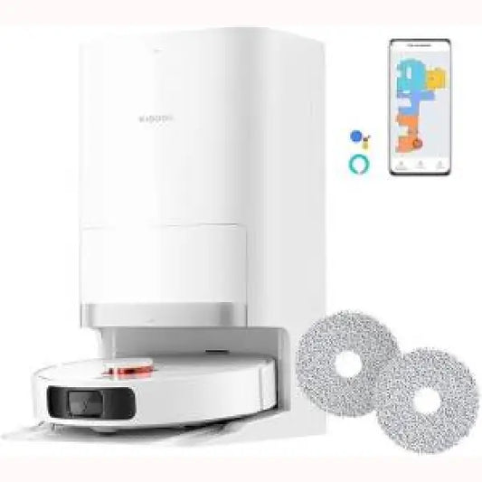 Xiaomi Robot Vacuum bianco con base di ricarica e due panni mop per pulizia efficace