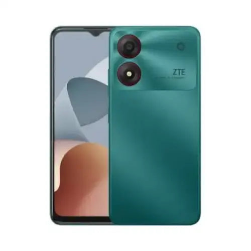 Smartphone ZTE verde con doppia camera e design elegante, schermo a tutto tondo