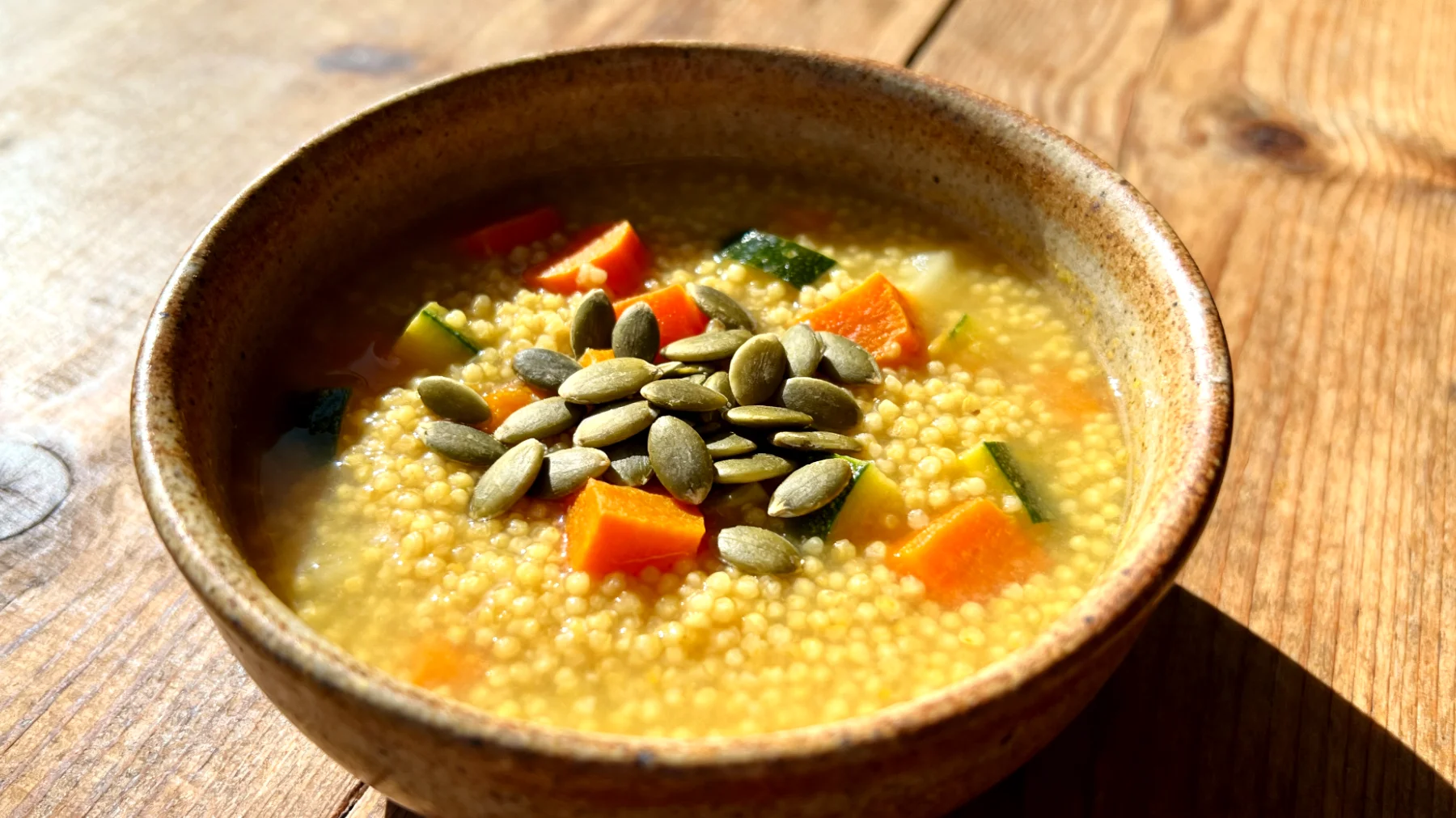 Zuppa di miglio con verdure di stagione e semi di zucca"