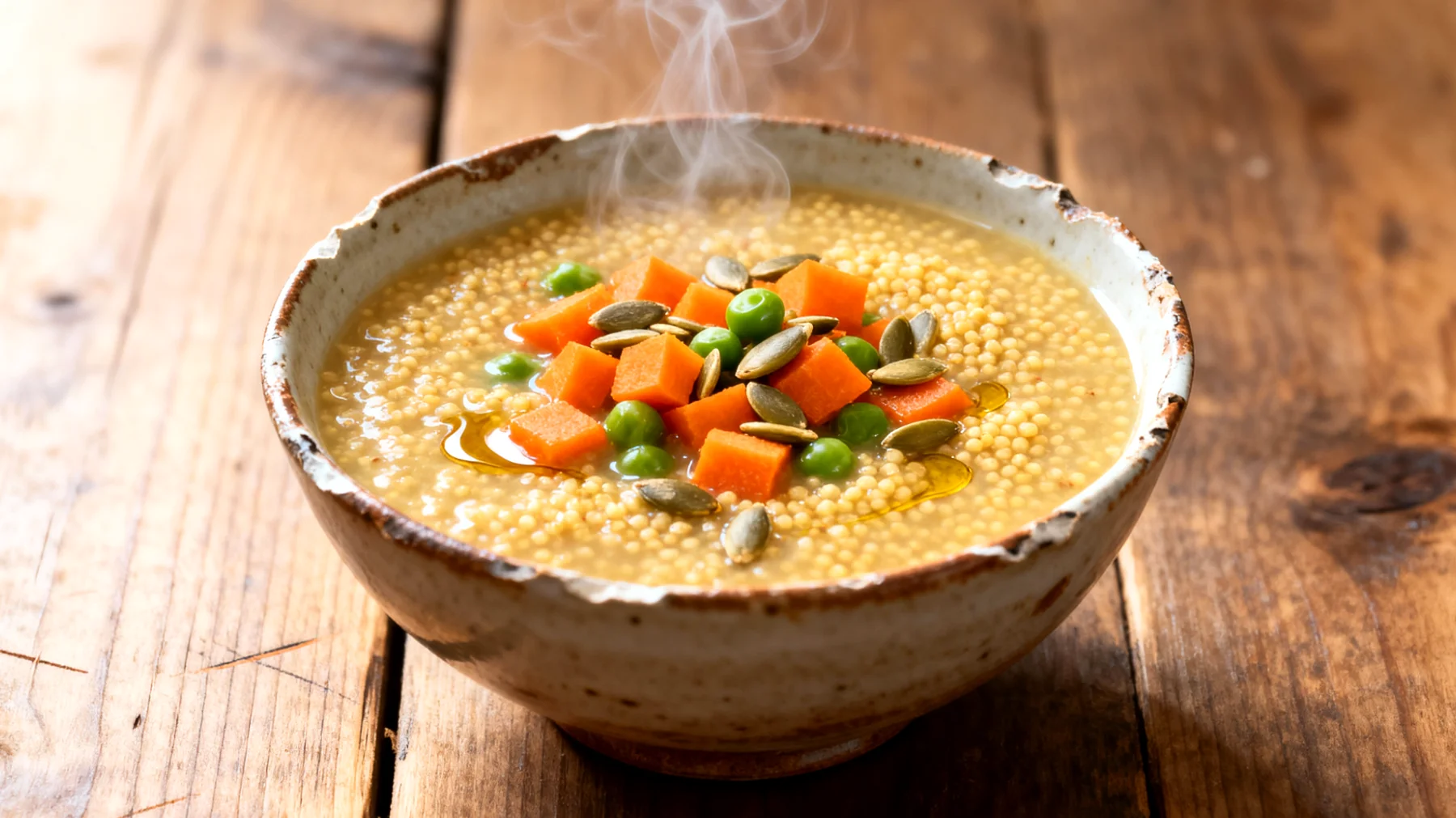 Zuppa di miglio con verdure e semi di zucca"