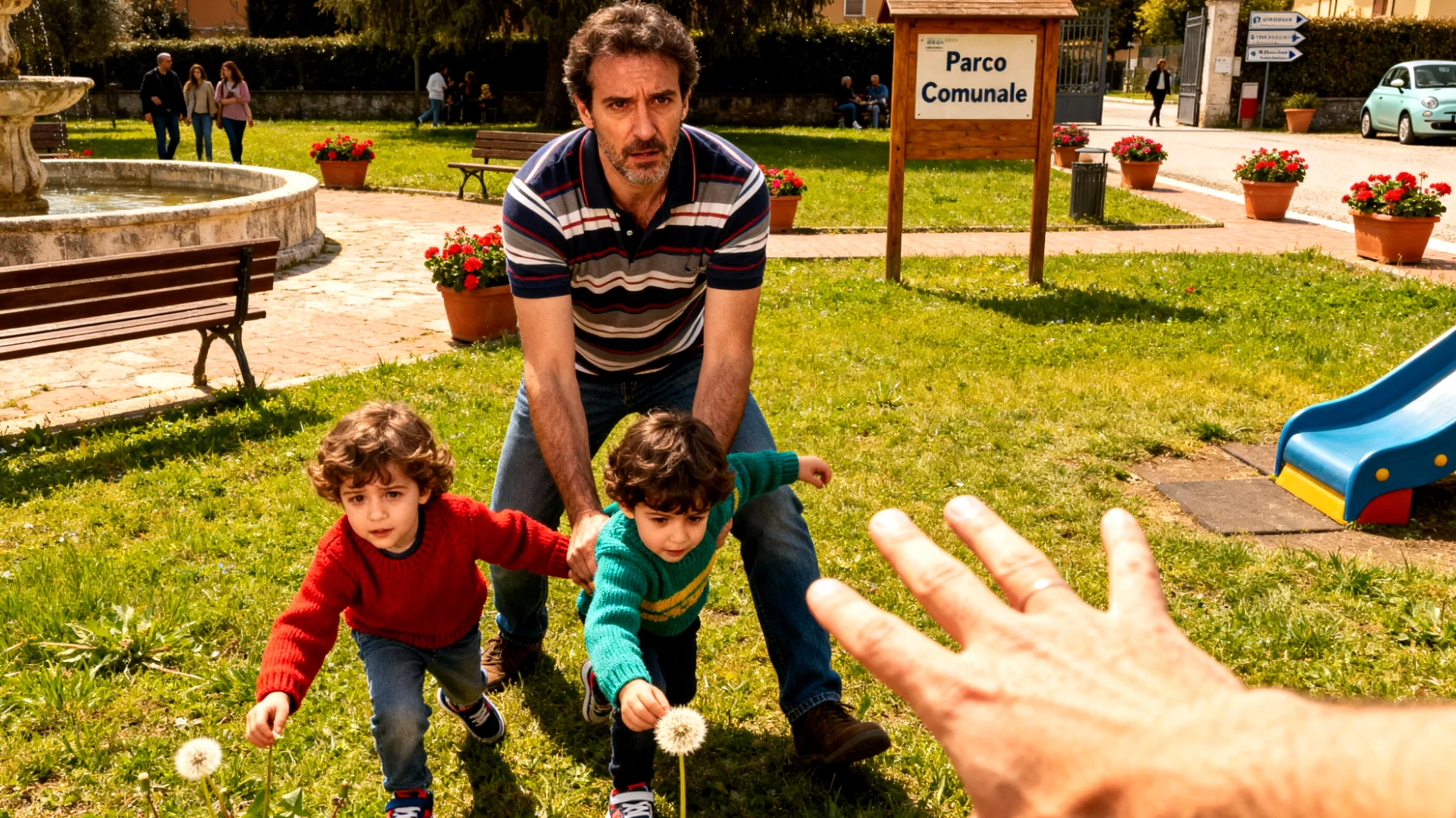 Un papà che tende a proteggere eccessivamente i suoi bambini, limitando la loro autonomia e la possibilità di fare esperienze adeguate alla loro età per paura che possano farsi male o affrontare difficoltà"