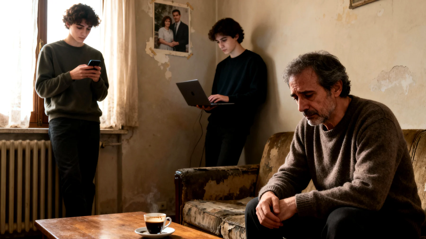 Il papà fatica a gestire il rapporto con i figli giovani adulti che trascorrono la maggior parte del loro tempo libero collegati a dispositivi digitali, creando una distanza emotiva e rendendo difficile la condivisione di momenti significativi insieme"